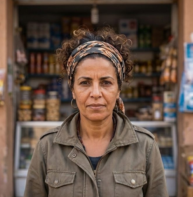 A shopkeeper standing in front of the shelves of her neighbourhood store