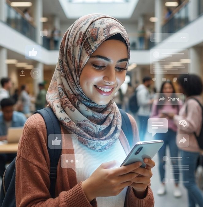 Synthetic archetype: a young woman smiling at her phone