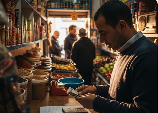 A neighbourhood grocer handling cash at his counter
